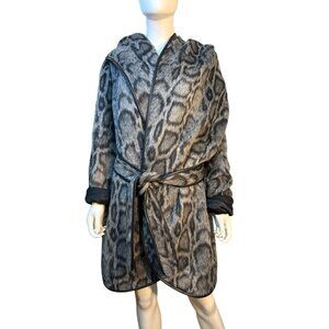 Diane Von Furstenberg Hooded Polly Animal Print and Leather Coat Size XL EUC